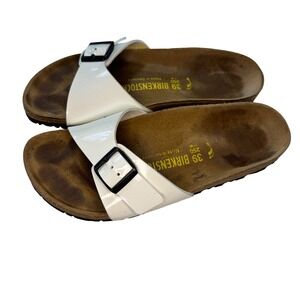 Birkenstock Madrid White Patent Birko-Flor Single Strap Sandals Woman's Size 8